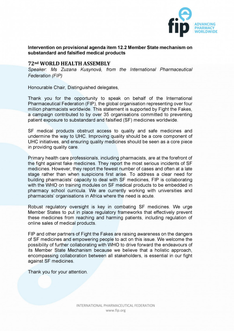 FIP intervention at WHA 72